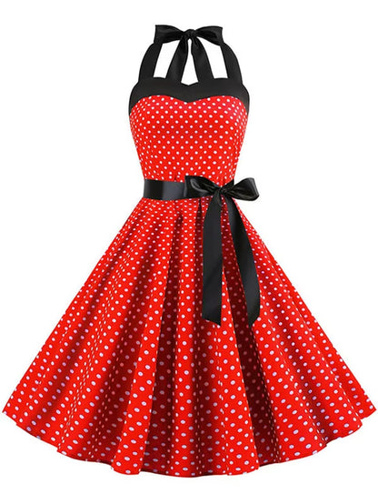 Polka Dot Dress Women Vintage Swing Halter Belt 50S 60S Rockabilly Prom Party Dresses Retro Feminino Vestidos