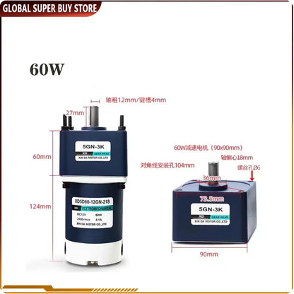 DC 12/24V 60W Permanent Magnet DC Geared Motor Adjustable Speed High Torsion Metal Micro Gear Reducer Motor 10To 600RPM