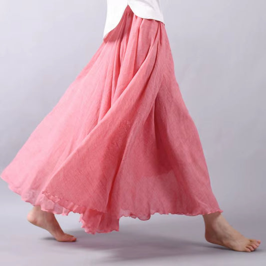Women'S Elegant High Waist Linen Maxi Skirt 2023 Summer Ladies Casual Elastic Waist 2 Layers Skirts Saia Feminina 20 Colors SK53