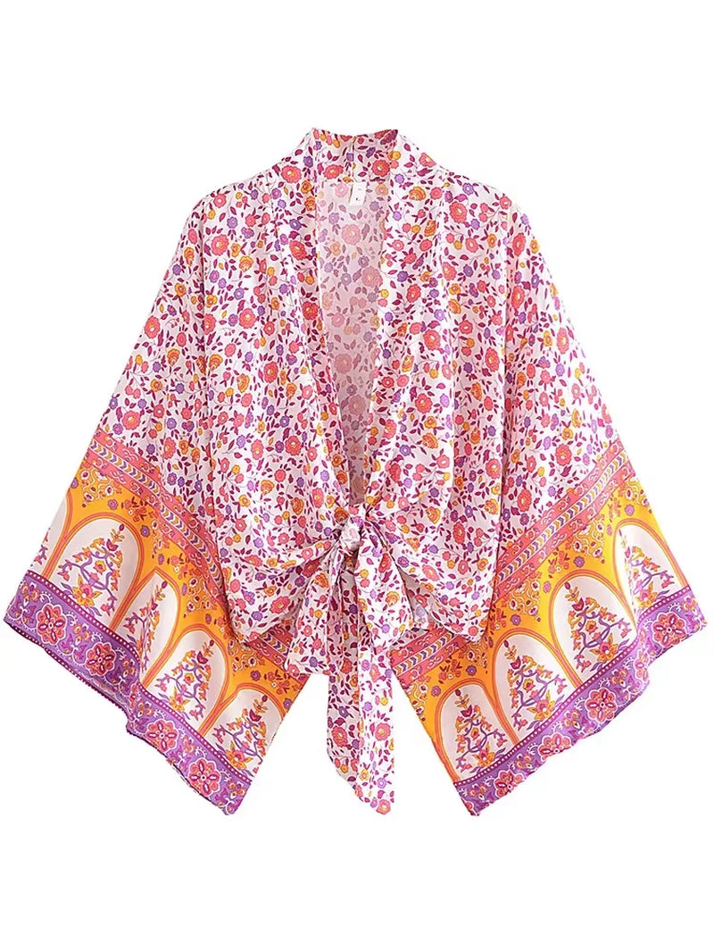 Boho Vintage Floral Print Beach Summer Short Kimono Women Fashion Ladies Casual V Neck Batwing Sleeves Bohemian Cover-Ups