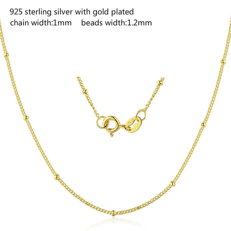 35-80Cm Real 925 Sterling Silver W/ Gold Colour Beads Curb Chain Choker Necklaces for Women Girls Jewelry Kolye Collares Ketting