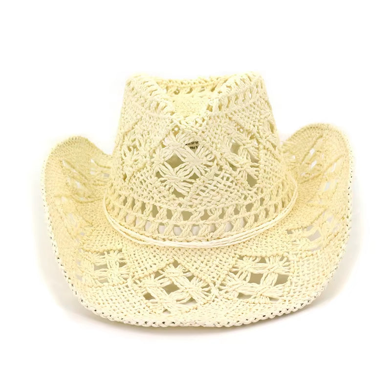 Summer Outdoor Men Women Hand-Woven Western Cowboy Paper Straw Hats Wide Brim Breathable Beach Jazz Cap Sun Protection Hat