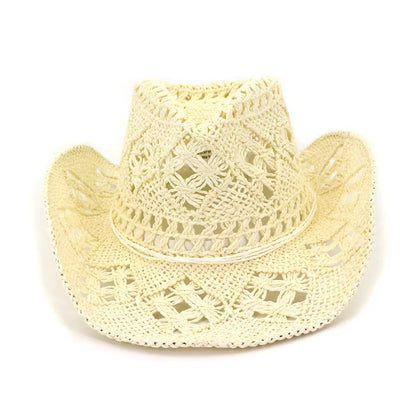 Summer Outdoor Men Women Hand-Woven Western Cowboy Paper Straw Hats Wide Brim Breathable Beach Jazz Cap Sun Protection Hat