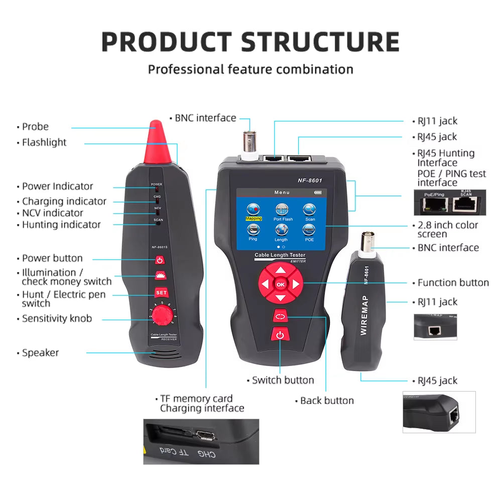 Original  NF-8601W Multifunction Network Cable Tester RJ45 RJ11 BNC POE PING Crosstalk Test Network Wire Cable Tracker