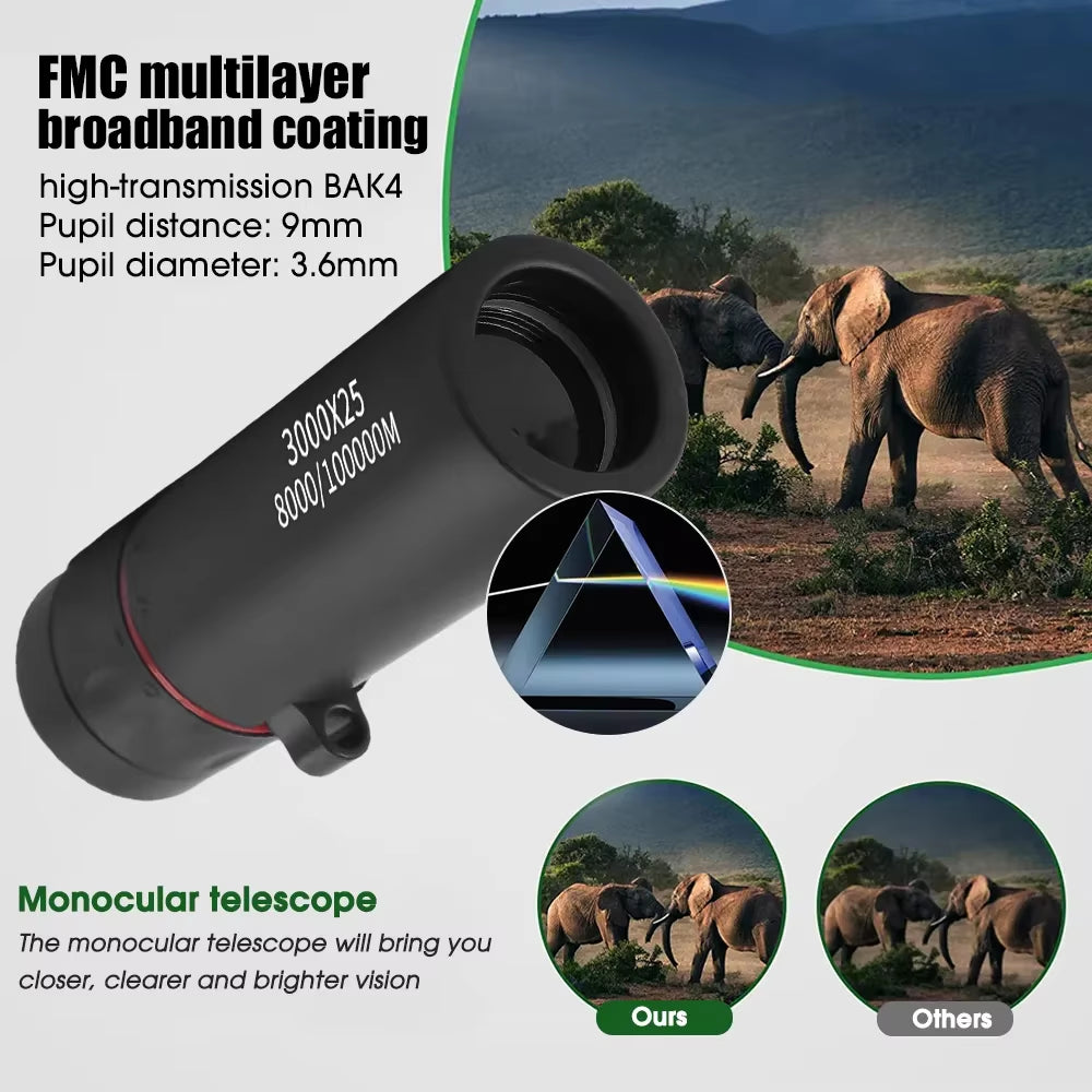 3000X25 Long Range HD Professional Adult Monocular and Mini Portable Telescope for Outdoor Camping and Hunting