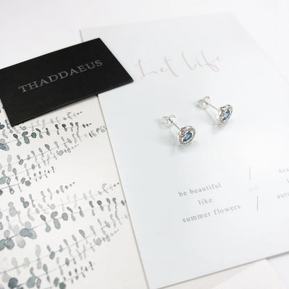 Round Light Blue Studs Earrings Europe Style Fine Jewerly for Women Classic Crystal Gift in 925 Sterling Silver