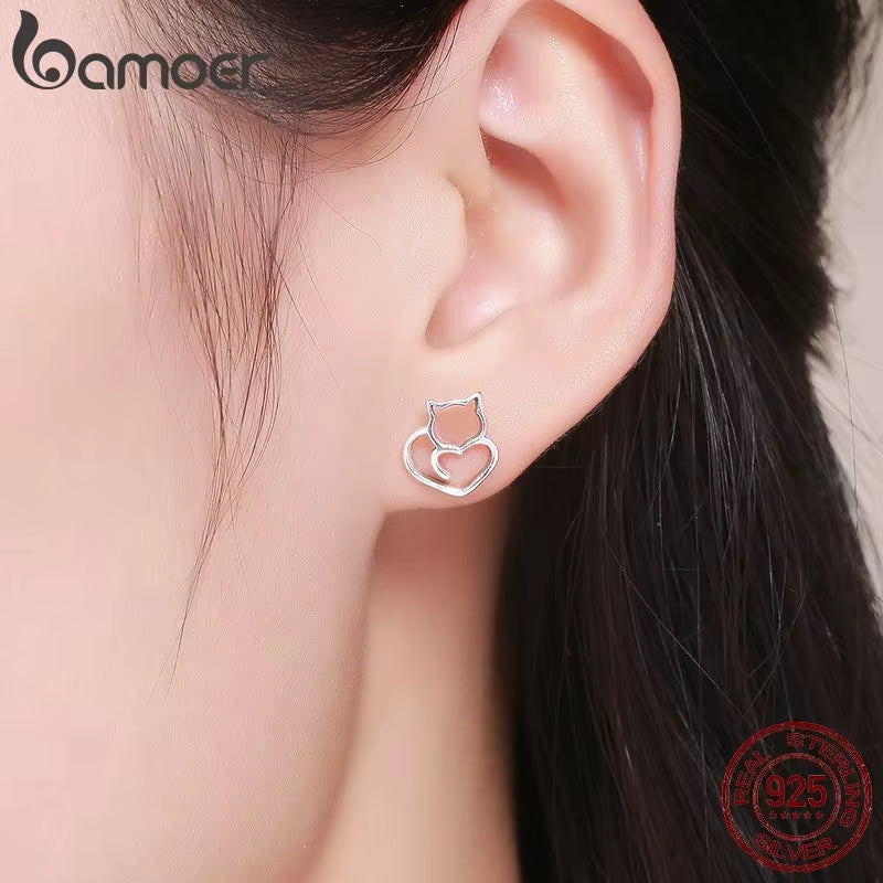 Authentic 925 Sterling Silver Cute Cat Small Stud Earrings for Women Fashion Sterling Silver Jewelry SCE271