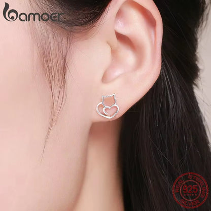 Authentic 925 Sterling Silver Cute Cat Small Stud Earrings for Women Fashion Sterling Silver Jewelry SCE271