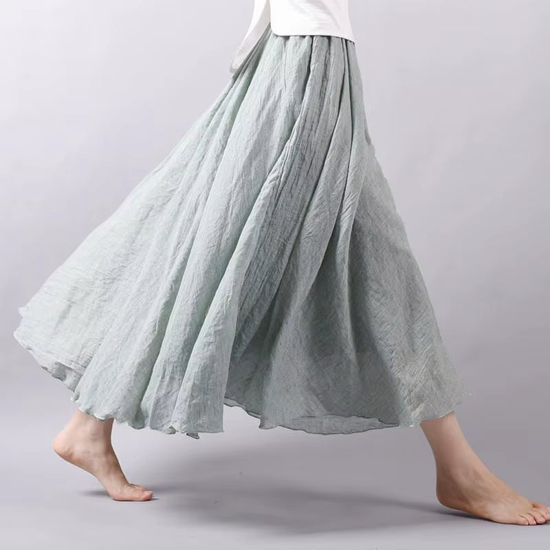 Women'S Elegant High Waist Linen Maxi Skirt 2023 Summer Ladies Casual Elastic Waist 2 Layers Skirts Saia Feminina 20 Colors SK53