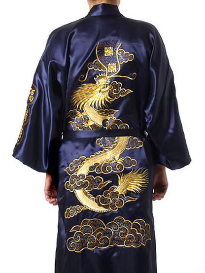 Navy Blue Chinese Men'S Satin Silk Robe Embroidery Kimono Bath Gown Dragon Size S M L XL XXL XXXL S0008