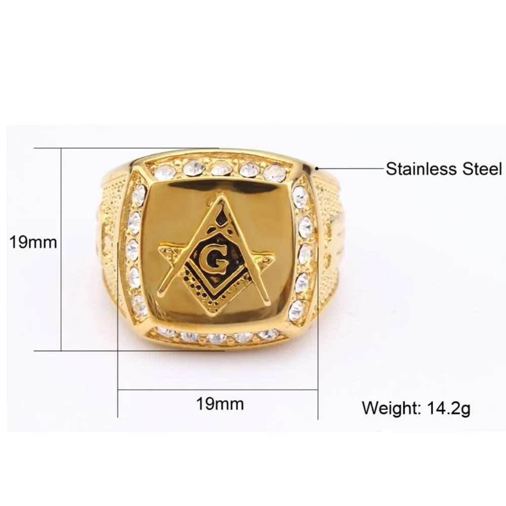 New Arrival Bling CZ Crystal Men Rings with Freemason Masonic Free Mason Signet 316L Stainless Steel Gold Color Jewelry for Men