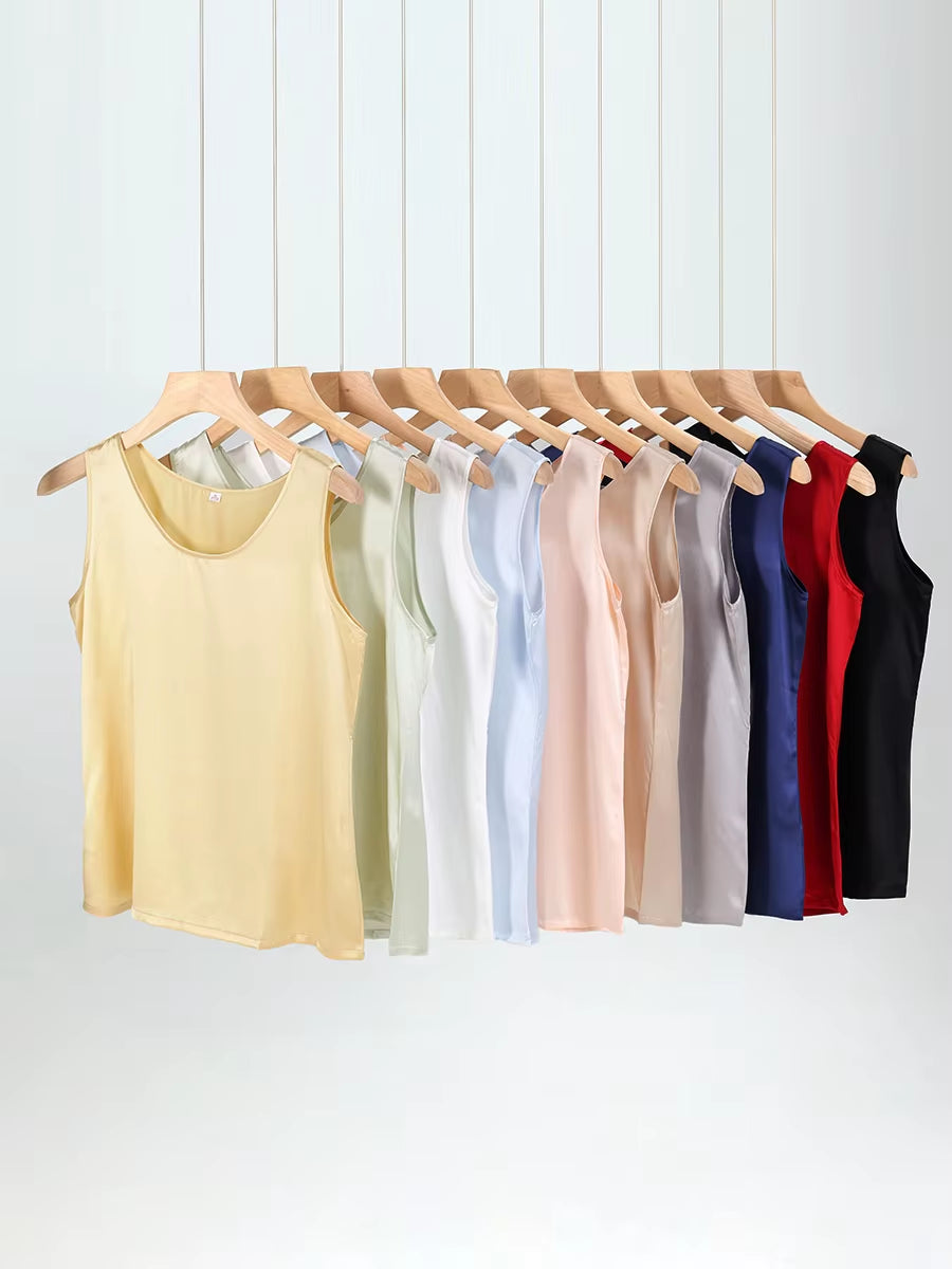 . Women Basic Cozy Tanks, 100%Real Silk, O Neck Sleeveless Chic T Shirt, 2025 Solid Summer Vests, White, Pink, Beige