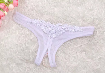 Women Low Waist Panties Lace G Strings Sexy Underwear Pearl Crotchless Briefs Female Lingerie Tanga
