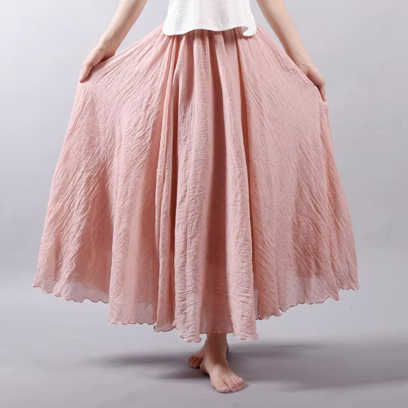 Women'S Elegant High Waist Linen Maxi Skirt 2023 Summer Ladies Casual Elastic Waist 2 Layers Skirts Saia Feminina 20 Colors SK53