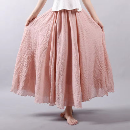 Women'S Elegant High Waist Linen Maxi Skirt 2023 Summer Ladies Casual Elastic Waist 2 Layers Skirts Saia Feminina 20 Colors SK53