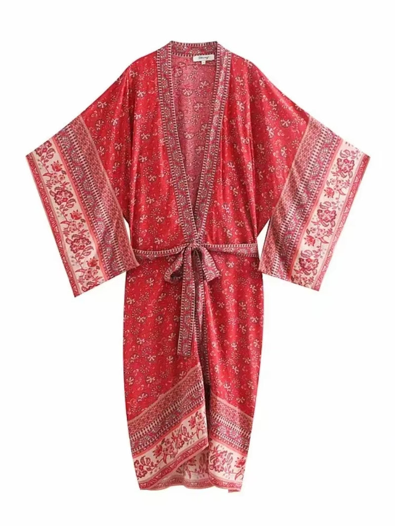 Vintage Chic Women Floral Print Batwing Sleeve Beach Bohemian Kimono Dress Ladies V Neck Summer Boho Robe Cover-Ups Vestidos