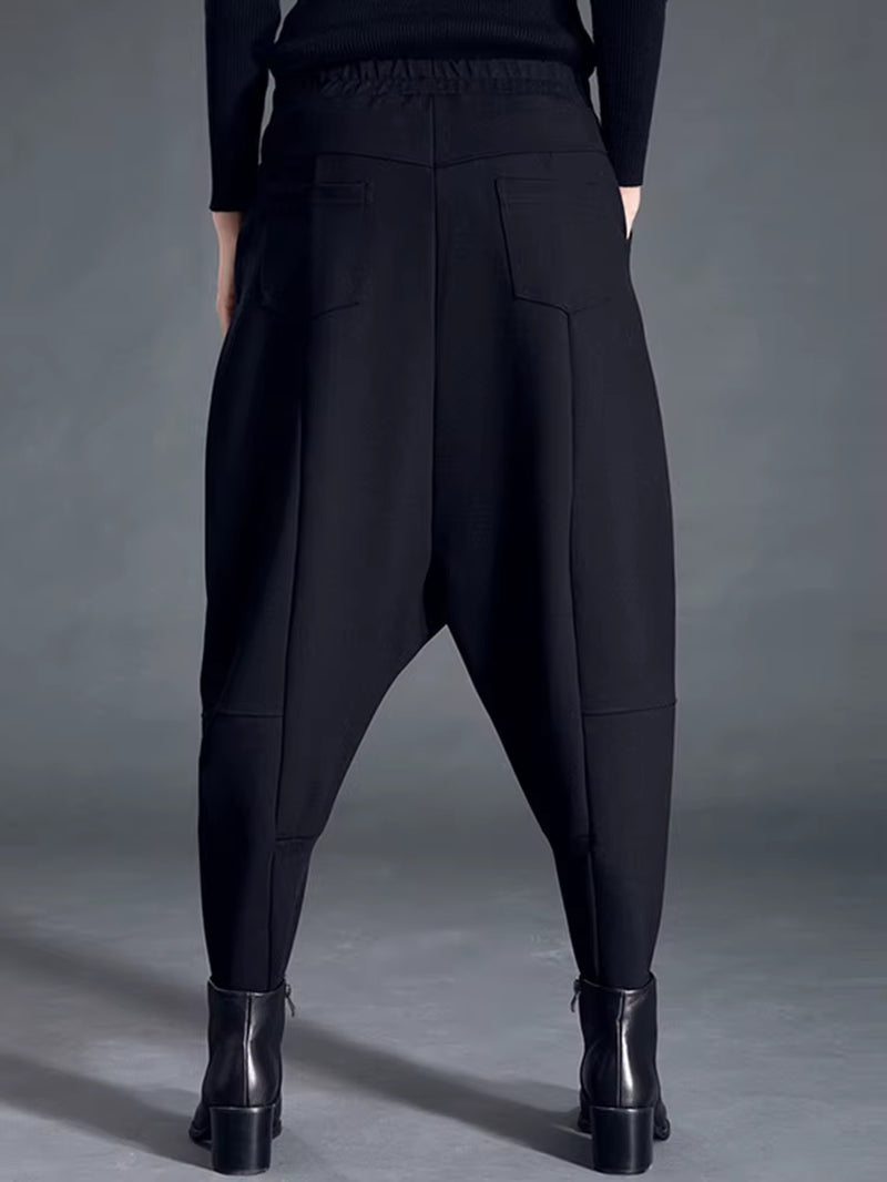 [] High Elastic Waist Black Pocket Thick Patchwork Harem Pants New Trousers Women Fashion Tide Spring Autumn 2025 SA155