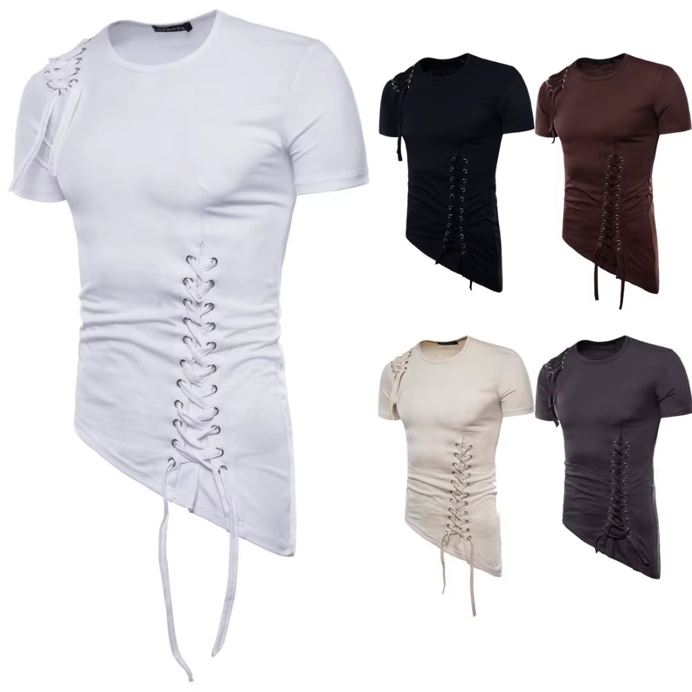Men Irregular Design Hip Hop Punk T Shirt Tops Lacing Slim Fit Tee Shirts Men Gothic Style Tee Shirts Nightclub Stage Costume
