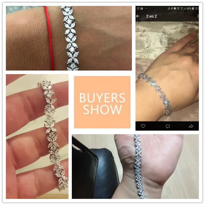Classic White Marquise Cut Cubic Zircon Chain & Link Bracelets Bangles Flower Bridal Wedding Jewelry for Women BP094