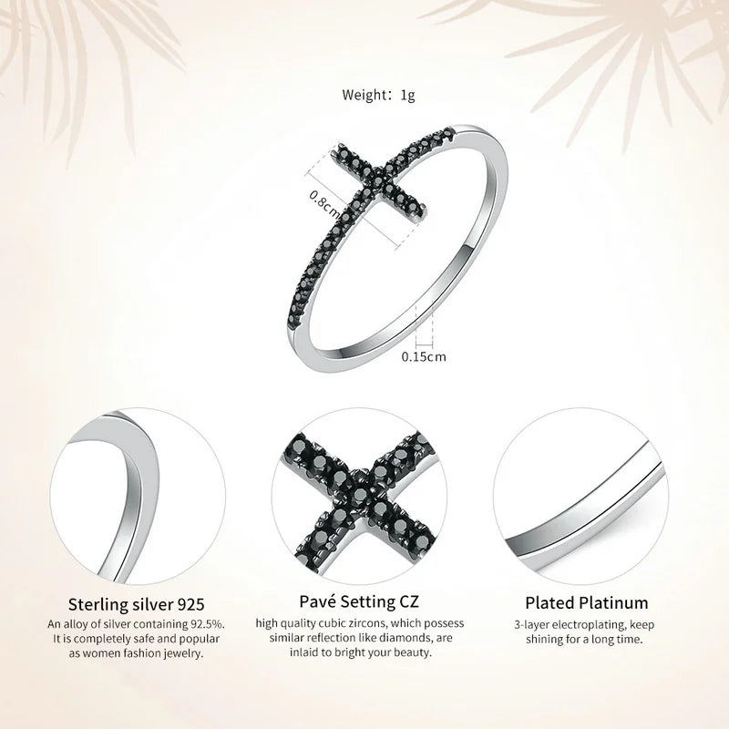 Popular 925 Sterling Silver Faith Cross Shape Finger Rings for Women ,Black Clear CZ Sterling Silver Jewelry Gift SCR067