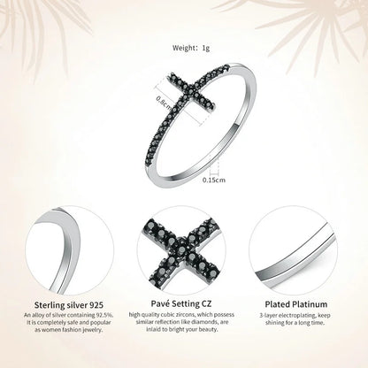 Popular 925 Sterling Silver Faith Cross Shape Finger Rings for Women ,Black Clear CZ Sterling Silver Jewelry Gift SCR067