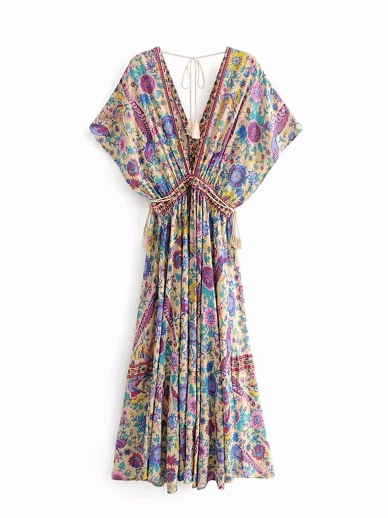 Vintage Chic Women Peacock Floral Print Bat Sleeve Beach Bohemian Maxi Dresses Robe Ladies V-Neck Tassel Summer Boho Dress