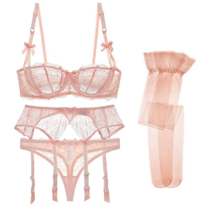 Luxury Half Cup Lace Transparent Sexy Lingerie Ultra-Thin Solid Shell Style 4 Pieces/Lots Bra Set and Garter and Stocking