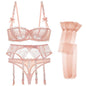 Luxury Half Cup Lace Transparent Sexy Lingerie Ultra-Thin Solid Shell Style 4 Pieces/Lots Bra Set and Garter and Stocking