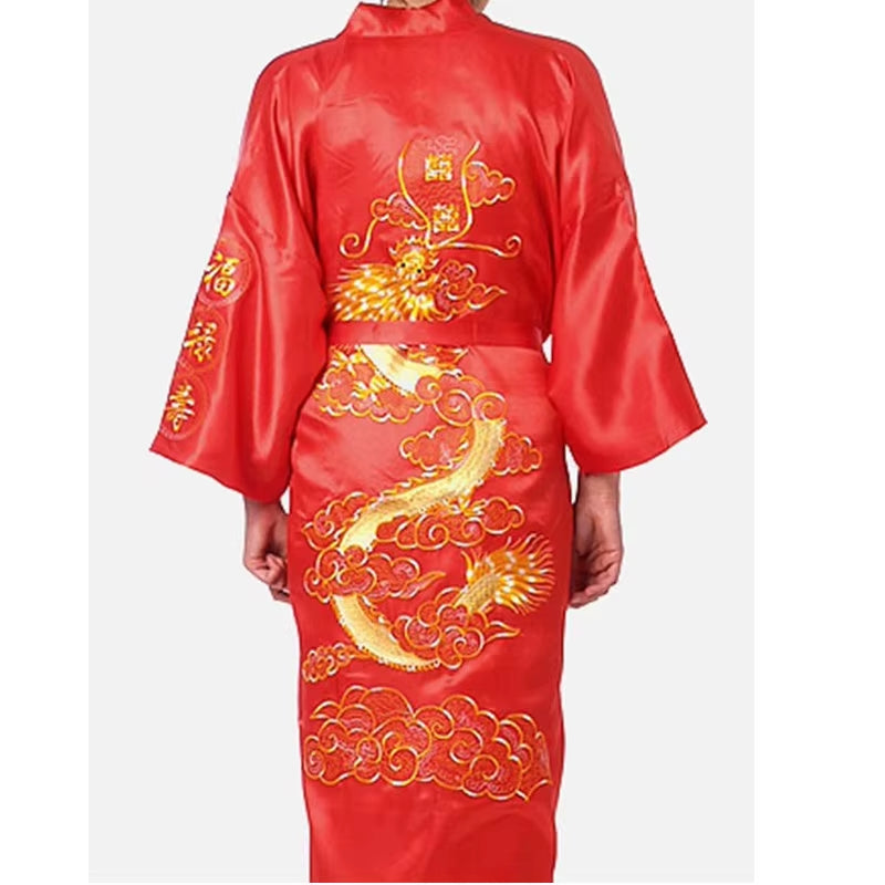 Navy Blue Chinese Men'S Satin Silk Robe Embroidery Kimono Bath Gown Dragon Size S M L XL XXL XXXL S0008