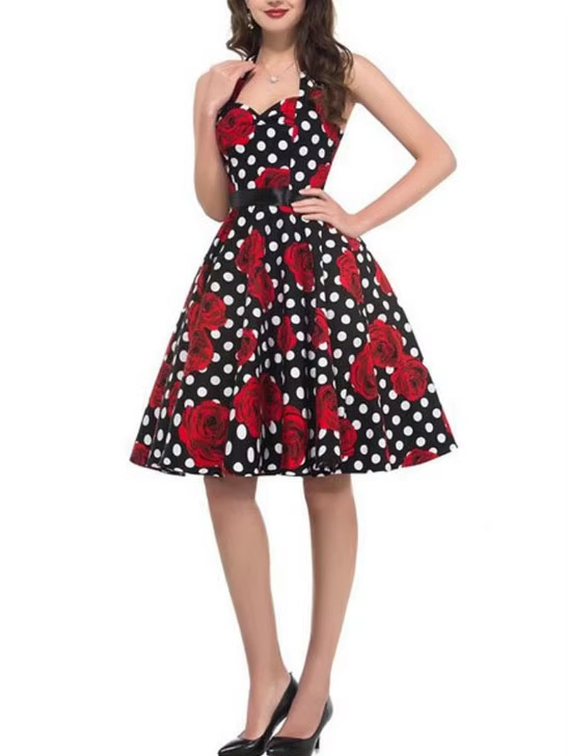 Polka Dot Dress Women Vintage Swing Halter Belt 50S 60S Rockabilly Prom Party Dresses Retro Feminino Vestidos
