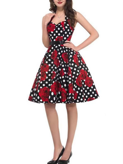 Polka Dot Dress Women Vintage Swing Halter Belt 50S 60S Rockabilly Prom Party Dresses Retro Feminino Vestidos