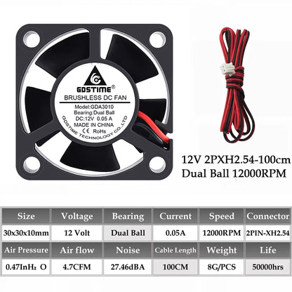 2PCS  Dual Ball Bearing DC 24V 12V 5V 3Cm 30Mm 30X30X10Mm 3010 Brushless Mini Cooler Cooling Fan