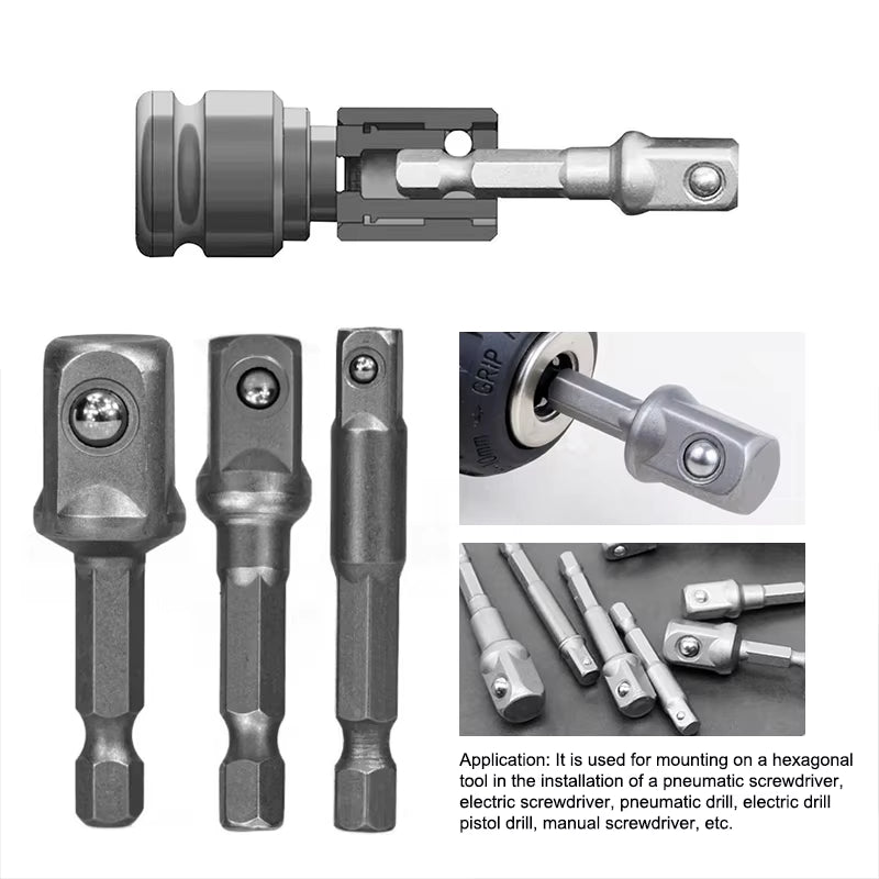 3Pcs 1/4 "3/8" 1/2 " Socket Adapter Hex Shank Drill Bits Extension Rod Power Tool Accessories Impact Drill Socket Adapter