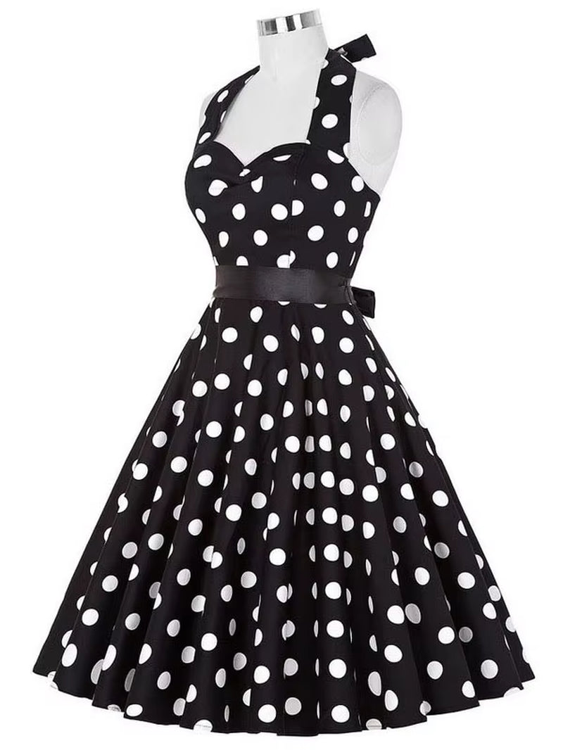 Polka Dot Dress Women Vintage Swing Halter Belt 50S 60S Rockabilly Prom Party Dresses Retro Feminino Vestidos