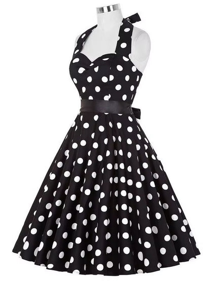 Polka Dot Dress Women Vintage Swing Halter Belt 50S 60S Rockabilly Prom Party Dresses Retro Feminino Vestidos