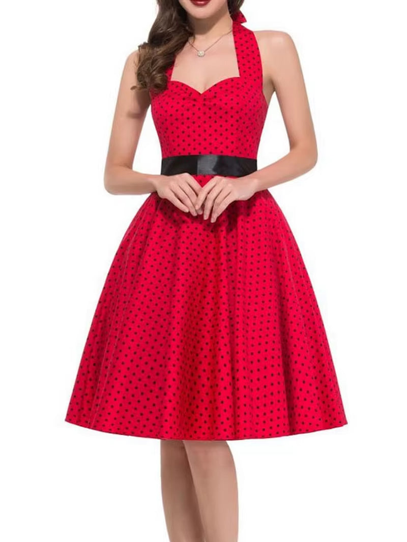 Polka Dot Dress Women Vintage Swing Halter Belt 50S 60S Rockabilly Prom Party Dresses Retro Feminino Vestidos