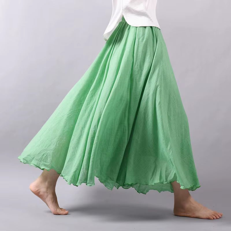 Women'S Elegant High Waist Linen Maxi Skirt 2023 Summer Ladies Casual Elastic Waist 2 Layers Skirts Saia Feminina 20 Colors SK53