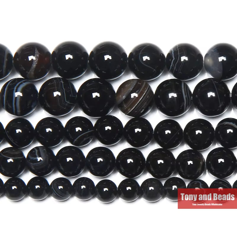 Natural Stone Black Stripe Onyx Agate round Loose Beads 4 6 8 10 12MM Pick Size for Jewelry Making