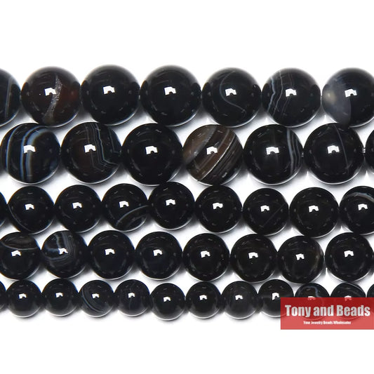 Natural Stone Black Stripe Onyx Agate round Loose Beads 4 6 8 10 12MM Pick Size for Jewelry Making