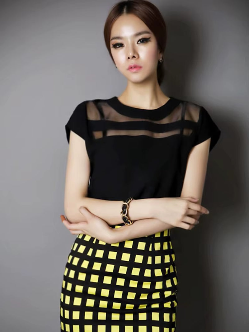 New Ladies Black Tulle Sheer Blouses Shirts Women'S Tops Chiffon Blouse Short Hollow Out Blusas Femininas Summer
