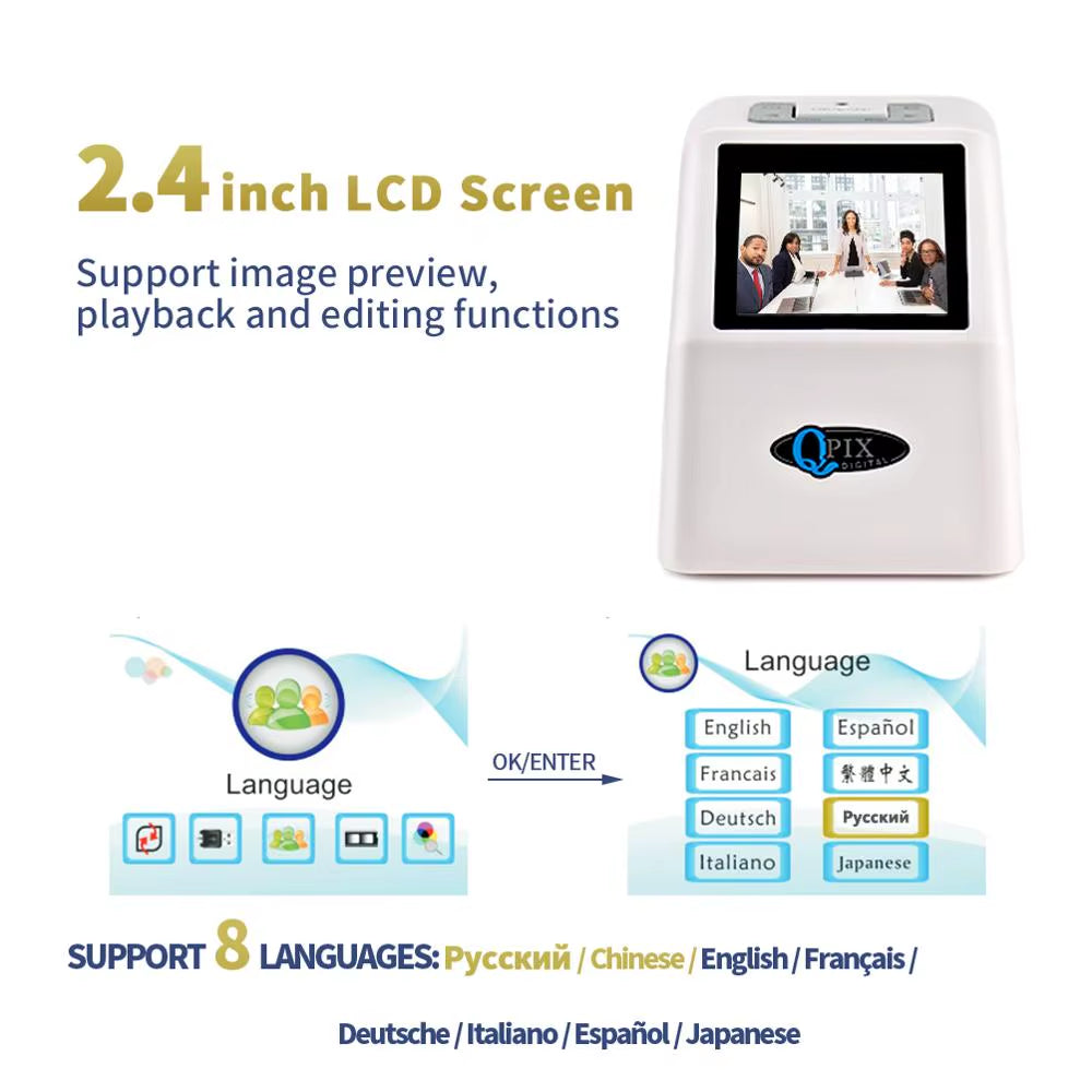QPIX 22 MP 35Mm Portable Film Scanners 135 110 126KPK Super 8 Negative Slide Holder Photo Scanner Film Digital Converter