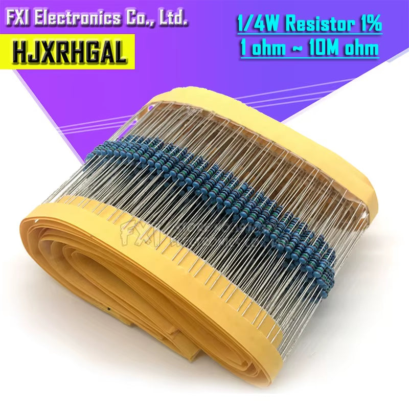 100Pcs 1/4W 1R~22M 1% Metal Film Resistor 100R 220R 1K 1.5K 2.2K 4.7K 10K 22K 47K 100K 100 220 1K5 2K2 4K7 Ohm Resistance