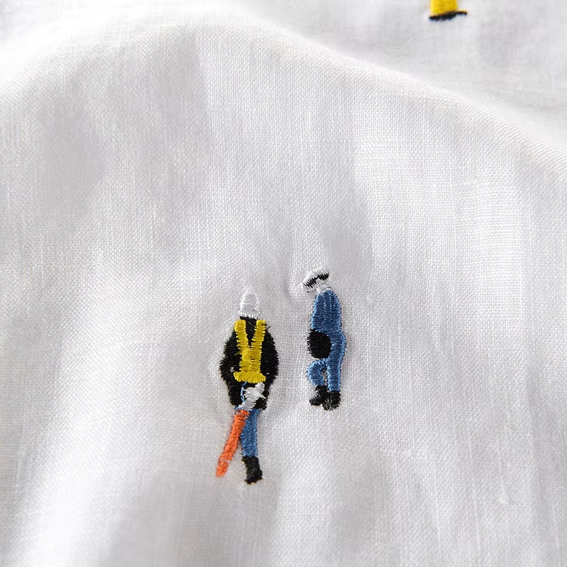 Designer Cartoon Embroidery Stitching Linen Short Sleeve T-Shirt Men Brand Casual round Neck White T Shirt for Men Camiseta