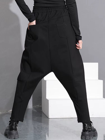 [] High Elastic Waist Black Pocket Thick Patchwork Harem Pants New Trousers Women Fashion Tide Spring Autumn 2025 SA155