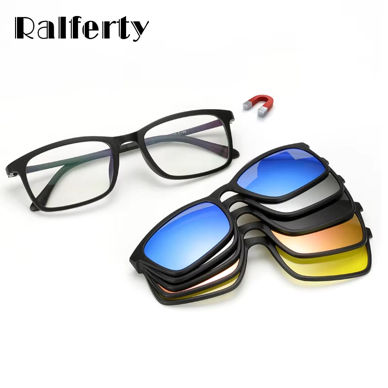 Polarized Sunglasses Men Women 5 in 1 Magnetic Clip on Glasses TR90 Optical Prescription Eyeglass Frames Magnet Clips
