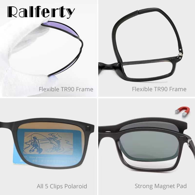 Polarized Sunglasses Men Women 5 in 1 Magnetic Clip on Glasses TR90 Optical Prescription Eyeglass Frames Magnet Clips