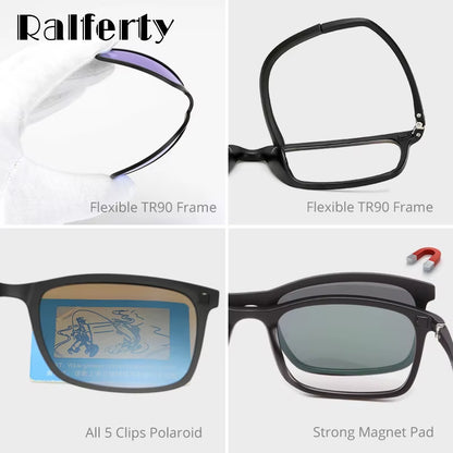 Polarized Sunglasses Men Women 5 in 1 Magnetic Clip on Glasses TR90 Optical Prescription Eyeglass Frames Magnet Clips