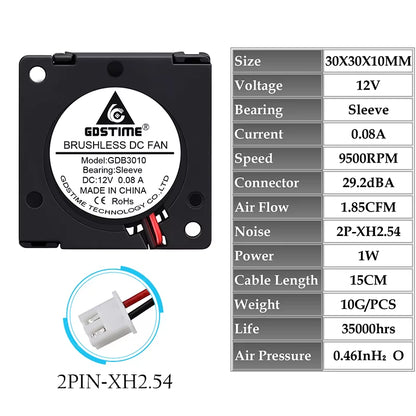 2 Pieces  DC 5V 12V 24V 30X30X10Mm Sleeve Dual Ball 1 Inch Small Mini Blower Cooling Fan 30Mm X 10Mm 3Cm 3010 3D Printer