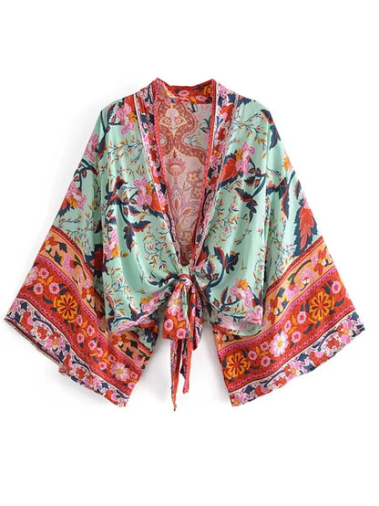 Boho Vintage Floral Print Beach Summer Short Kimono Women Fashion Ladies Casual V Neck Batwing Sleeves Bohemian Cover-Ups