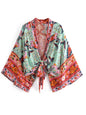 Boho Vintage Floral Print Beach Summer Short Kimono Women Fashion Ladies Casual V Neck Batwing Sleeves Bohemian Cover-Ups
